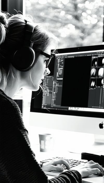 black and white picture person working on computer and add a pop of color of FODA41